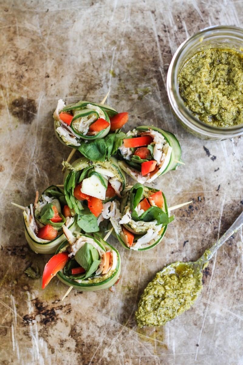 Low-Carb Pesto & Turkey Cucumber Roll-Ups Low-Carb Pesto & Turkey Cucumber Roll-Ups