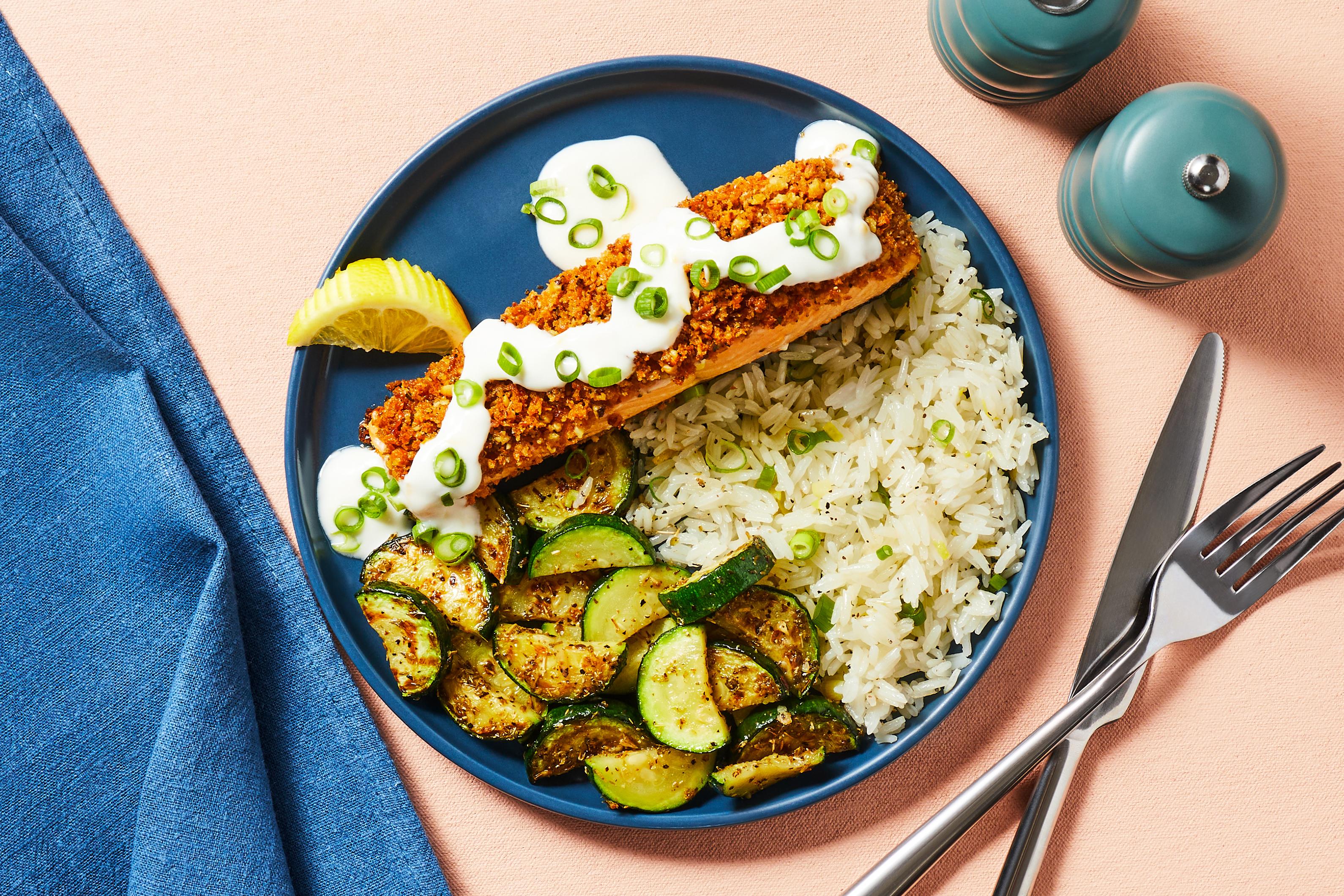 Walnut-Crusted Salmon with Garlicky Zucchini, Scallion Rice & Creamy Lemon Sauce Walnut-Crusted Salmon with Garlicky Zucchini, Scallion Rice & Creamy Lemon Sauce