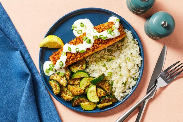 Walnut-Crusted Salmon with Garlicky Zucchini, Scallion Rice & Creamy Lemon Sauce Walnut-Crusted Salmon with Garlicky Zucchini, Scallion Rice & Creamy Lemon Sauce