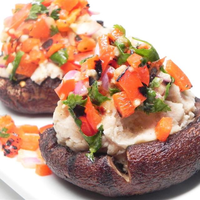 Grilled Portobello Mushrooms with Mashed Cannellini Beans and Harissa Sauce Grilled Portobello Mushrooms with Mashed Cannellini Beans and Harissa Sauce