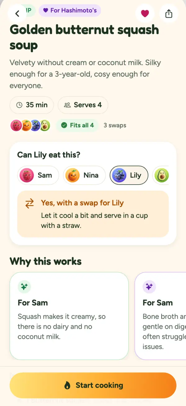 Gluten’s recipe screen for golden butternut squash soup: “Can Lily eat this?” Yes, with a change for Lily