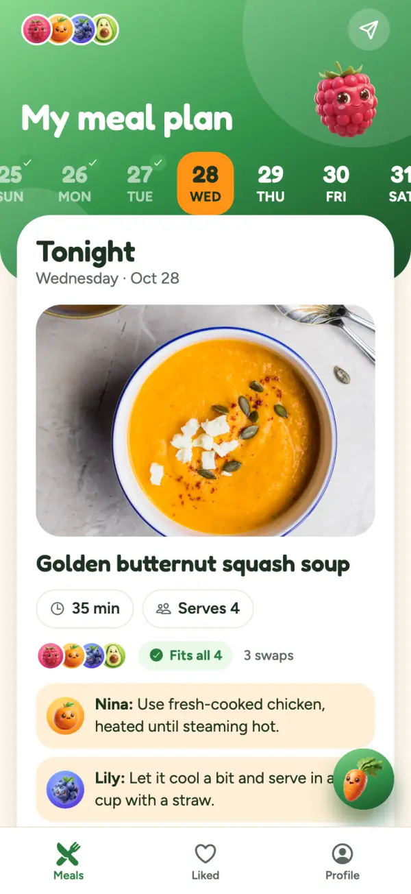 Gluten’s meal plan for tonight: golden butternut squash soup, marked “Fits all 4” with 3 swaps