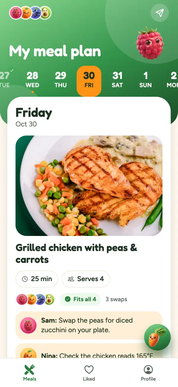 Gluten’s meal plan on Friday: grilled chicken with peas and carrots, with diced zucchini instead of peas for Sam